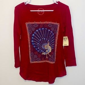 XS Lucky Brand Red & Blue Peacock Print 3/4 Sleeve Cotton Shirt New with Tags!
